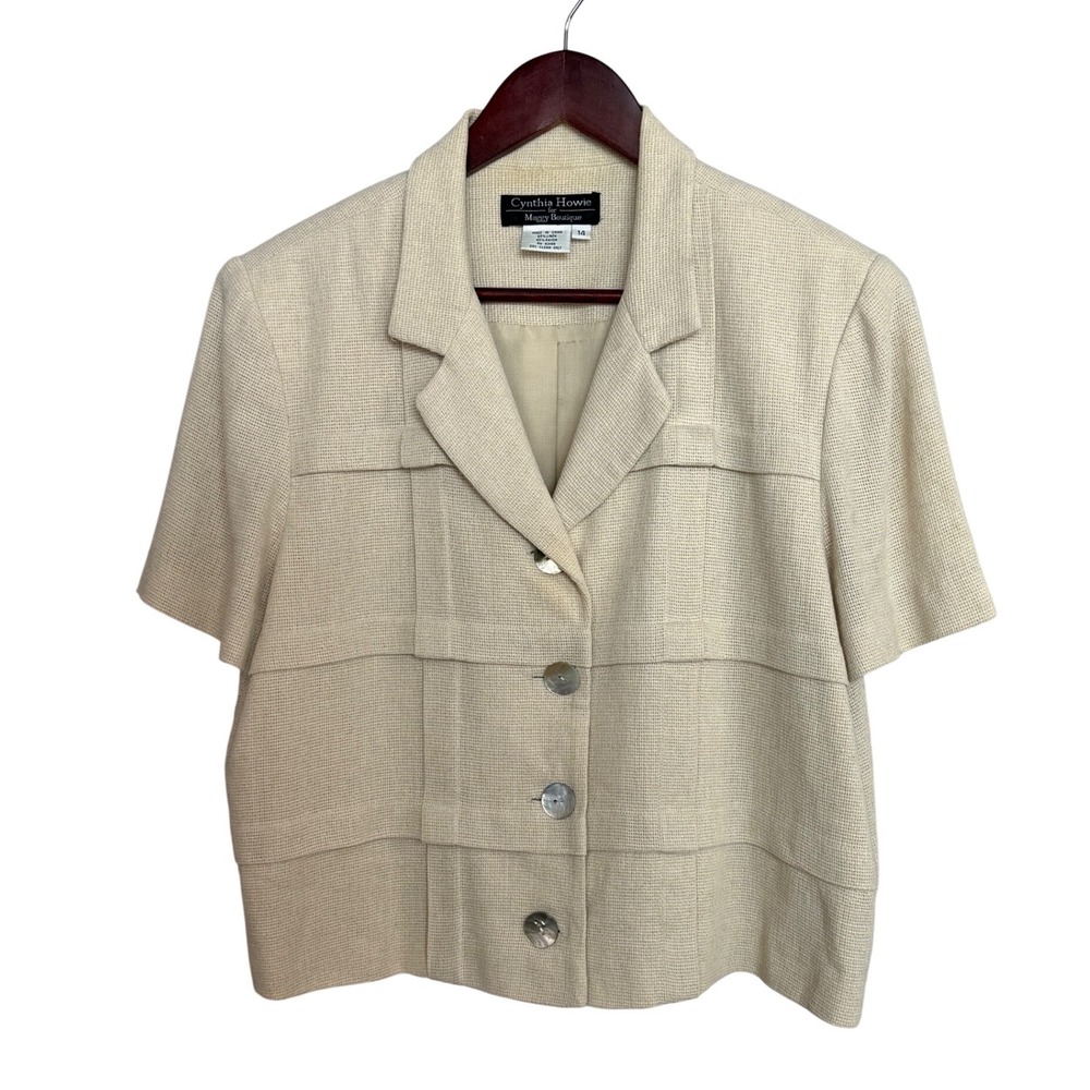 Cynthia Howie Blazer Womens 14‎ Cream Linen Rayon Short Sleeve Textured Jacket